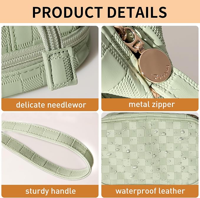 Abiudeng Large Capacity Makeup Bag Ladies Cosmetic Bag Travel Bag with Compartments Portable PU Leather Travel Makeup Bag with Handle - Image 3