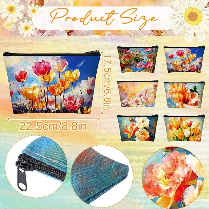 Sweetude 12 Pcs Oil Painting Flowers Makeup Bag Bulk Portable Flower Travel Cosmetic Bags with Zipper Retro Floral Waterproof Roomy Travel Toiletry Organizer Storage Beauty Pouch for Women Gifts - Image 3