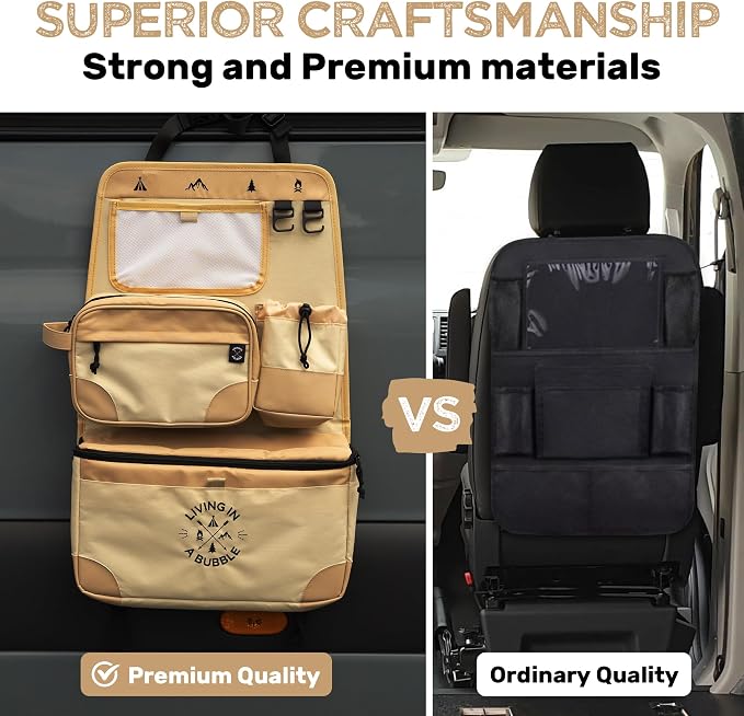 Living in a Bubble Seat back Organizer – Magnetic Toiletry and Cooler Pouch, Cordura Car Backseat Storage with Device Holder & Hooks, Multi-Compartment Utility Bag for Campervans & Family Travel - Image 8