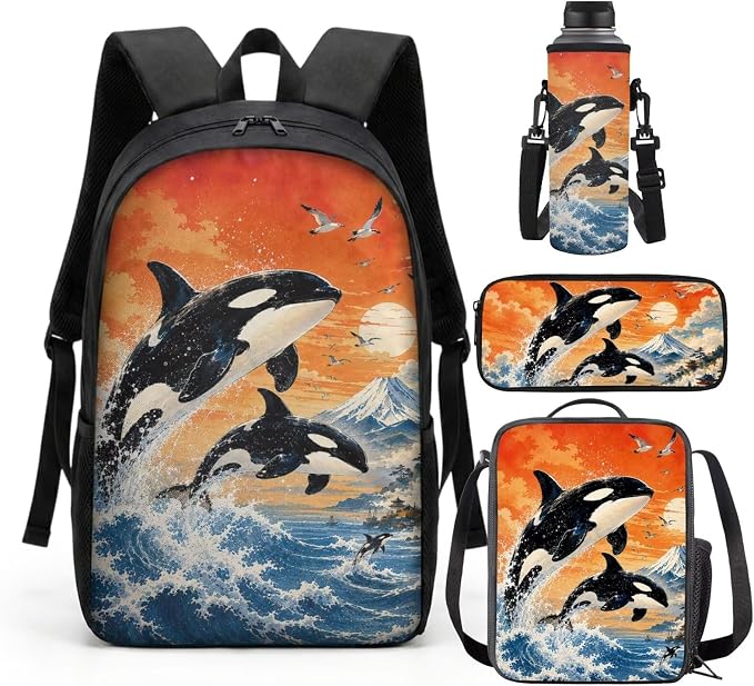 Killer Whale Backpack for Girls 6-8-10: 17in Painting Elementary School Back Pack with Lunch Box - 4 in 1 Cute Anime Book Bag for 2nd Grade Kids and Lunchbox by SCRAWLGODDreamWardrobe