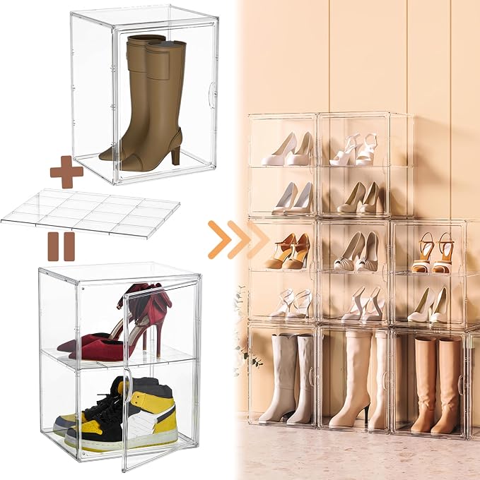 XXX-Large Clear Acrylic Display Case Boot Shoe Storage Boxes With An Adjustable Divider,2 Pack 2 Tiers Clear Plastic Stackable Storage Bins With Lids Big Display Acrylic Box With Magnetic Door - Image 2