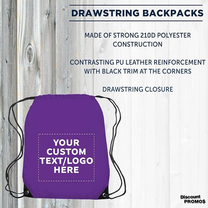 DISCOUNT PROMOS Custom Black Trim Drawstring Backpacks Set of 10/50/100, Personalized Bulk Pack - Gym Bag, Soccer Shoes, Water Resistant - Purple - Image 3