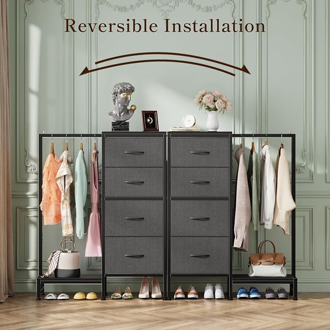 HIGDBFE Dresser with Hanging Rack, 4 Drawers Small Closet for Bedroom, Reversible Fabric Kids Chest of Drawers with Clothes Rack, Tall Storage Tower, Sturdy Frame, Grey, 44''H - Image 9