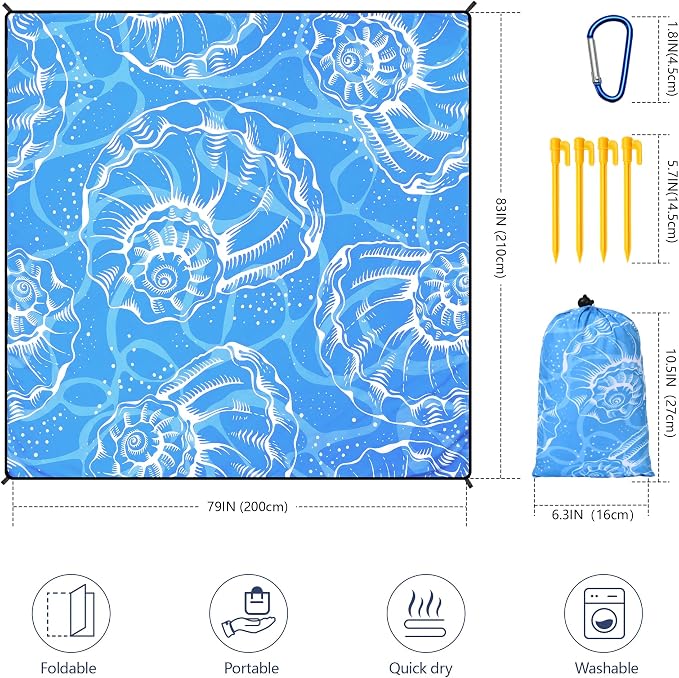 HIHOHO Beach Blanket Waterproof Sandproof Beach Mat 79”x 83” for 1-8 Adults Quick Drying Durable Outdoor Picnic Mat for Beach Festival Travel Camping Hiking (Conch Shell-BL, 79"×83"(4 Person)) - Image 3