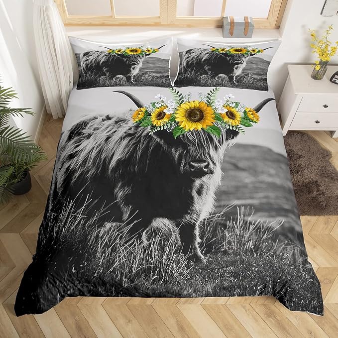 Highland Cow Duvet Cover Twin Size Bull Cattle Flower Bedding Set Yellow Sunflower Western Funny Animal Cow Print Comforter Cover Wild Animal Farmhouse Cow Bedding Collections, with 1 Pillowcase - Image 2