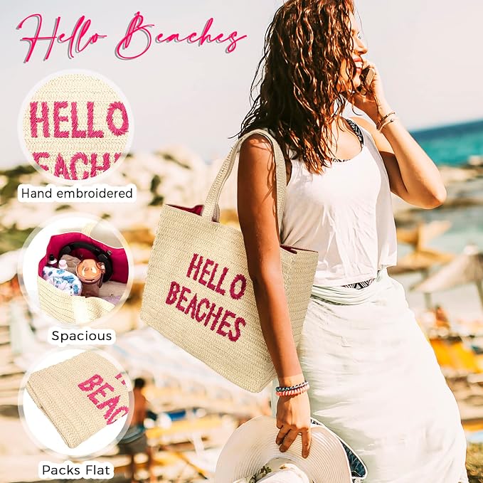 Hello Beaches A Packable Beach Bag | The Straw Beach Tote Bag of 2025 | Beach Bags for Women Vacation | Large Beach Bag - Image 2