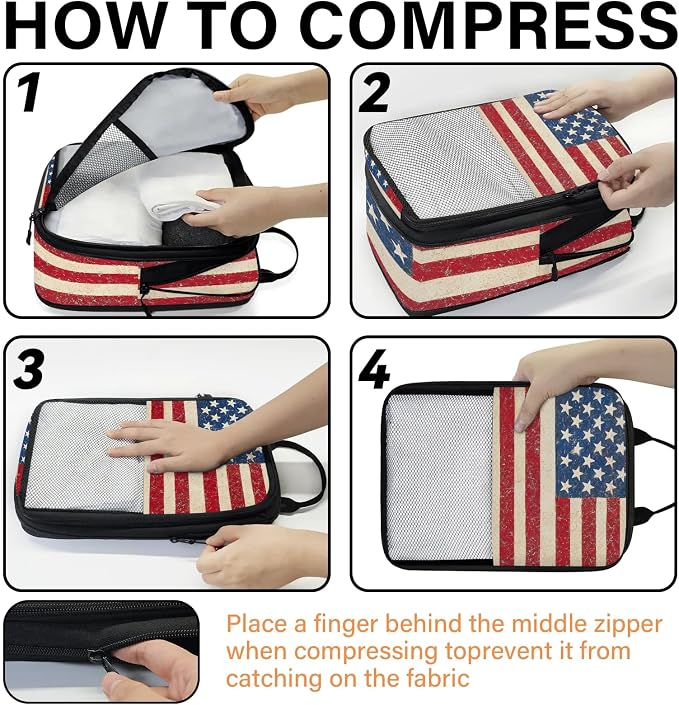 American USA Flag Vintage Compressible Packing Cubes for Suitcase 6 Set Lightweight Expandable Compression Packing Travel Luggage Organizer - Image 4