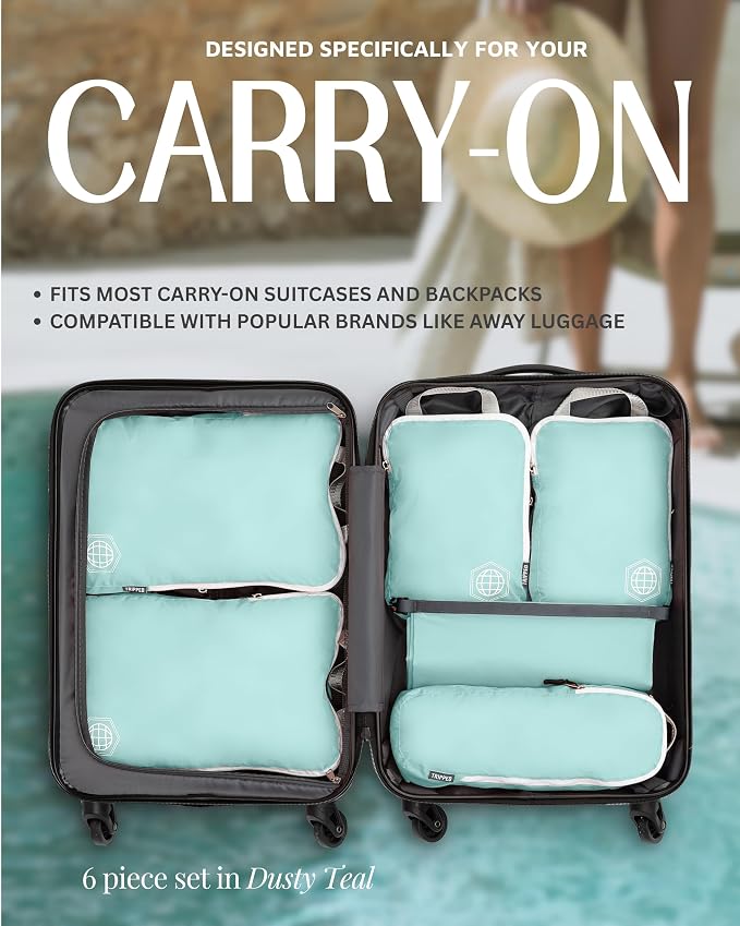 Compression Packing Cubes for Travel, 6-Piece Lightweight Packing Cubes Set for Carry-On Luggage & Backpacks – TRIPPED Travel Gear (Dusty Teal/White) - Image 9