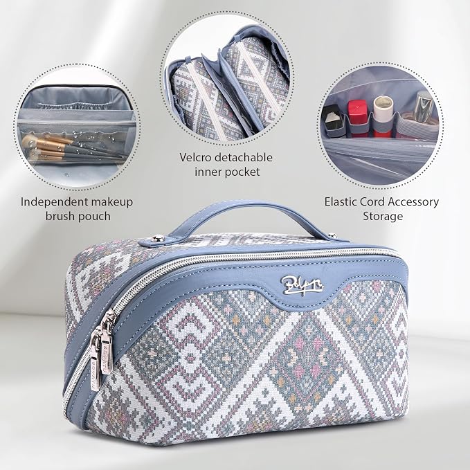 BOYATU Travel Makeup Bag Organizer: Boho Large Capacity Cosmetic Bag Sets | 3Pcs Waterproof Leather Toiletry Bags | 180°Open Flat Make up Case with Compartments | Western Travel Essentials for Women - Image 4