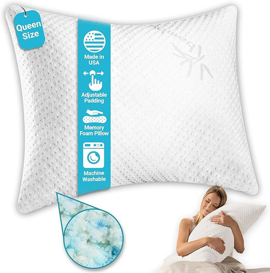 Xtreme Comforts Shredded Memory Foam Pillow- Allergy-Friendly & Cooling Pillow Cover for Side, Back & Stomach Sleepers- Machine Washable - Foam Pillows for Sleeping & Neck Pain Relief (Queen)