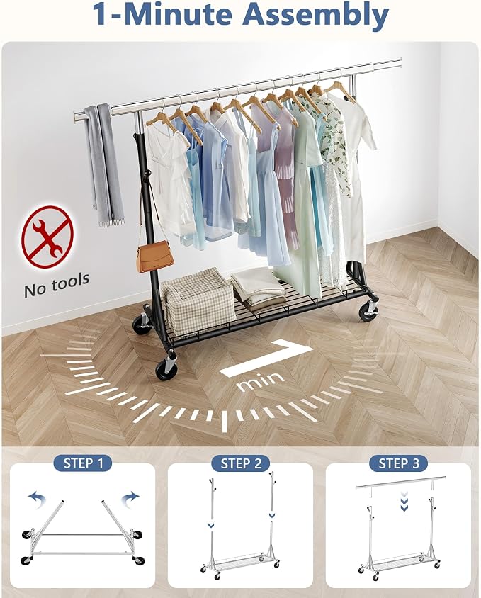Hoctieon 1-Minute Assembly Clothes Rack, 480 lbs Heavy Duty Rolling Clothing Racks with Wheels, Foldable Garment Rack, Extendable Hanging Bar, Adjustable Metal Pole with Hooks, Black - Image 6