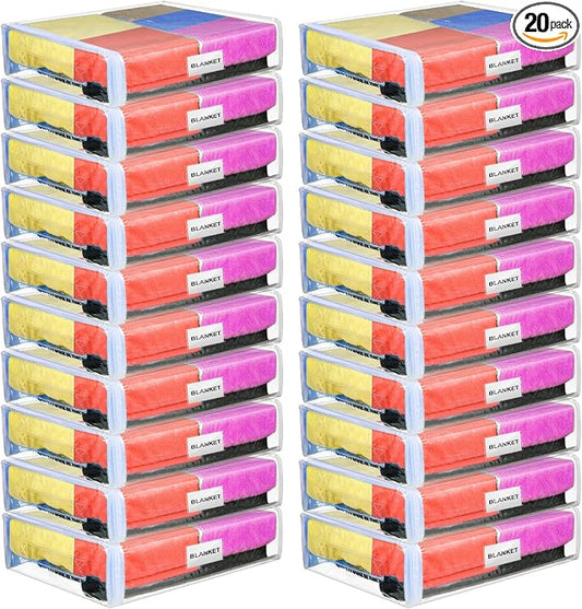 Kenning 20 Pcs Clear Zippered Storage Bags for Sheet Plastic Sweater Bag with Handle and Label Pocket Vinyl Stackable Closet Organizer Moving Bag for Bed Blanket Clothes Pillow(White,12 x 10 x 4 Inch) by Kenning