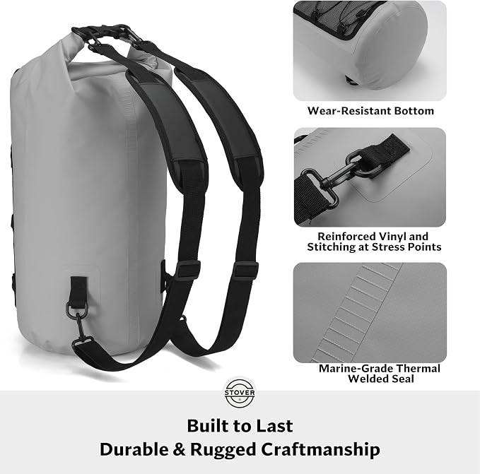 STOVER 5/10/25/30/40L Waterproof Dry Backpack & Phone Case- Large Floating Dry Bag for Kayaking, Travel, Hiking, Fishing, Camping, Motorcycles & Beach, Heavy-Duty Roll Top Men/Women (Grey) - Image 4