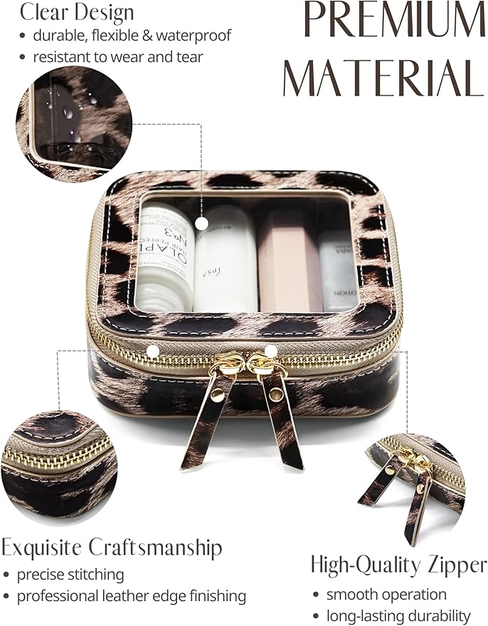 Small Makeup Bag for Purse Accessories Women Clear Cosmetic Mini Pouch Car Essentials Bag Leopard Print Clear Leather Make Up Travel Bag Organizer with Zipper Cute Compact Cheetah Little Toiletry Bag - Image 2