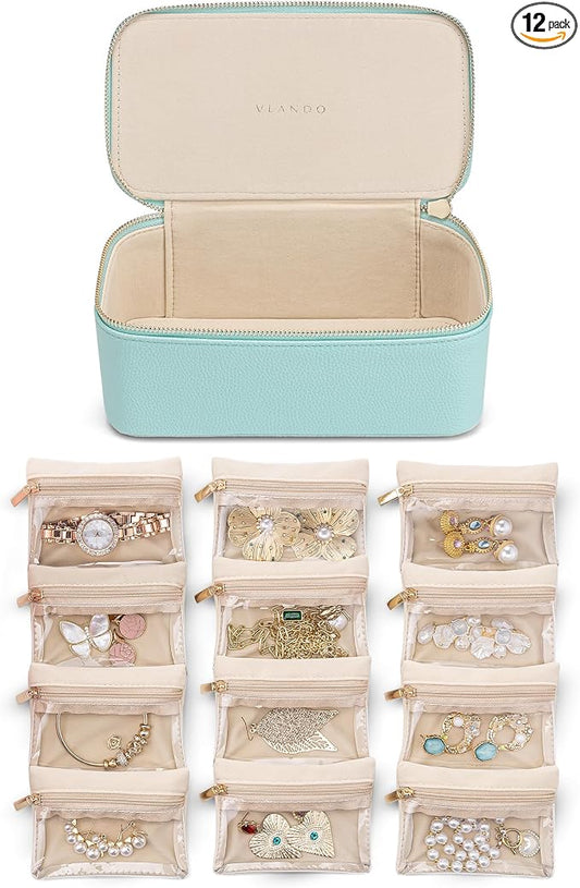 VLANDO Travel Jewelry Organizer with 12 Velvet Jewelry Bags Travel Jewelry Case for Girls Jewelry Storage Necklace Rings Earrings Bags Gifts for Women Daughter Friends(Lake Blue) by VLANDO
