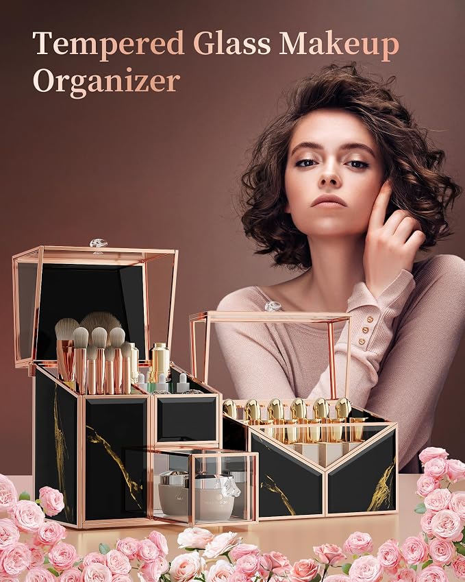CoralHouse black makeup organizer – Vanity Holder with 18-Slot Lipstick Organizer & Covered Makeup Brush Holder – Skincare, Perfume & Cosmetic Display for Bathroom or Dresser - Image 4
