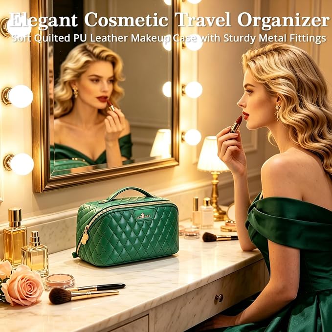 Travel Makeup Bags Cosmetic Organizer: 3Pcs Set Puffy Make up Bag for Women | ForestGreen Premium Quilted ELEGANCE Design | Large Capacity Leather Toiletry Bags | Wide Open Compact Case for Travel - Image 3