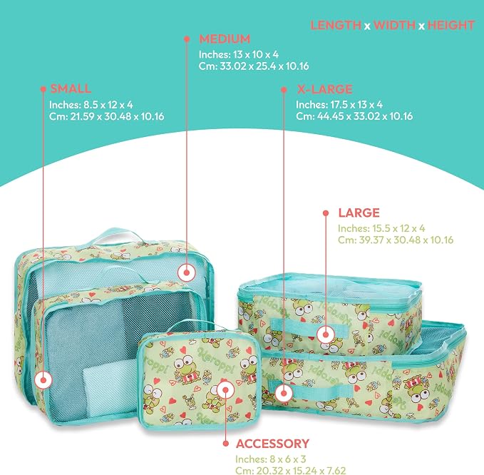 Sanrio's Hello Kitty Packing Cubes - 5 Piece Packing Cube Bags - Travel Essentials - Suitcase Luggage Organizer Set - Hello Kitty and Friends, My Melody, Kerromi, Kerropi, Badtz-Maru (Kerropi) - Image 2