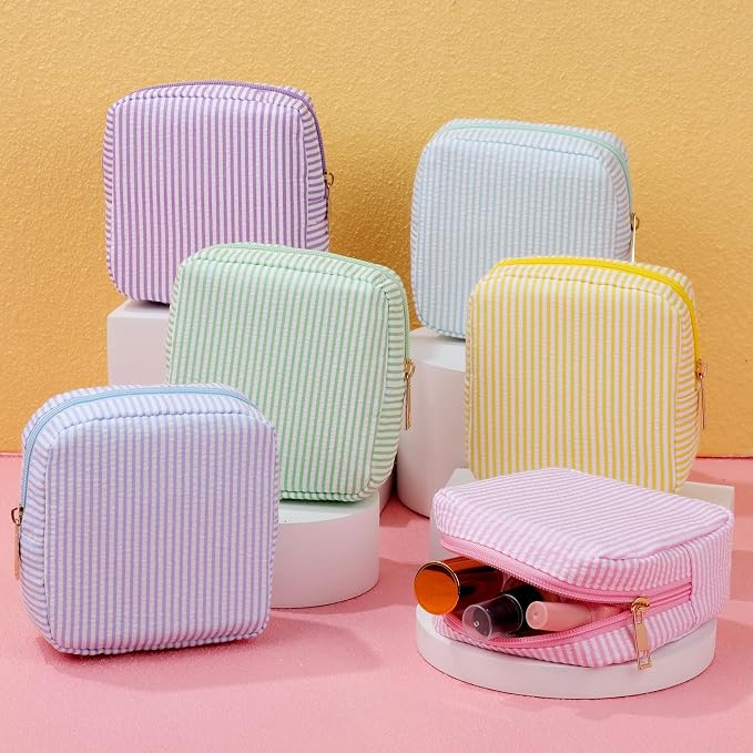 Sanwuta Seersucker Cosmetic Bag Bulk Striped Makeup Bag for Women Aesthetic Cute Travel Toiletry Organizer Preppy Storage Pouch for Wedding Bridesmaid Mother's Day Teacher Gift(Small,Macaron Color,6) - Image 6