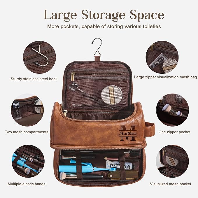 Personalized Toiletry Bag For Men, Husband, Boyfriend, Dad Large Capacity PU Leather Travel Dopp Kit Handcrafted Custom Name Unique Gift For Birthday| Fathers Day| Anniversary| Wedding Groomsmen Gifts - Image 2