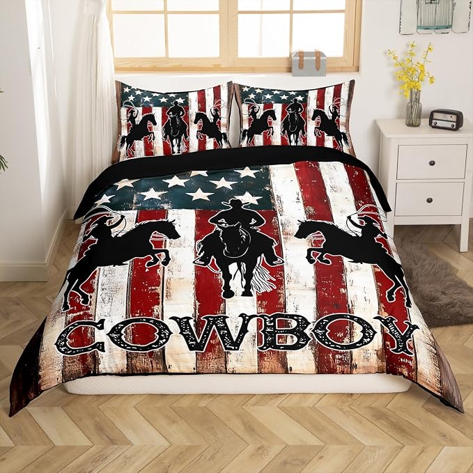 Western Rustic Bedding Set for Cowboys Cowgirls Farmstyle Duvet Cover Full Size, Vintage American Flag Comforter Cover Wild Animal Print Bedding Farmhouse Theme Bedspread Cover with 2 Pillowcases - Image 4