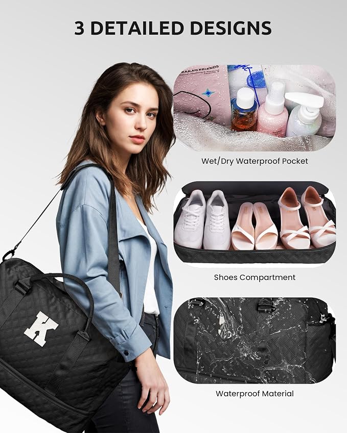 Gifts for Teen Girls-Initial Duffle Bag with Shoe Compartment, Personalized Weekender Bag, Monogram Overnight Bag, Letter Travel Bag with Makeup Bag，Personalized Gifts (Letter F) - Image 6