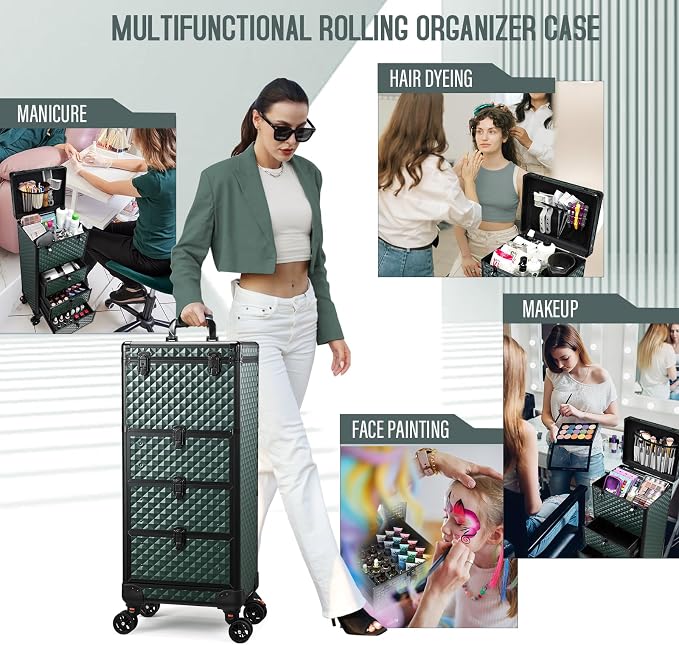 Yueieoun Nail Trolley Cart with 3 Drawers, Salon Station Cosmetology Case on Wheels Rolling Makeup Train Case Nail Case Organizer Beauty Salon Travel Case for Nailart,SPA,Hairstylist,Artist,Dark Green - Image 6