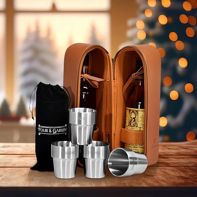 POUR & GARNISH Bourbon Whiskey & Wine Double Bottle Travel Bag with 4 Stainless Steel Double-Walled Vacuum Insulated Glasses - Makes a Great Gift! by Unknown