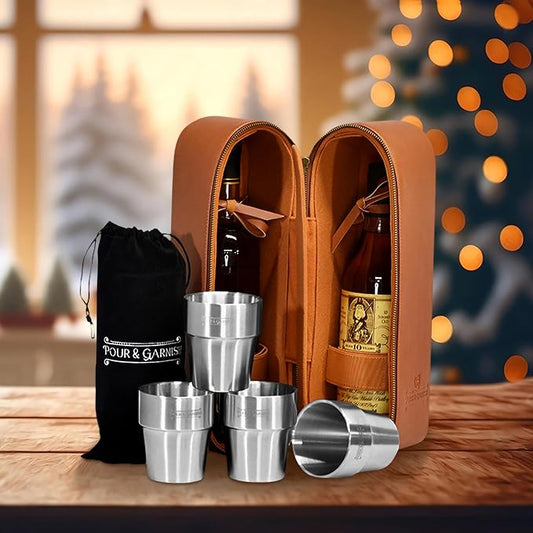 POUR & GARNISH Bourbon Whiskey & Wine Double Bottle Travel Bag with 4 Stainless Steel Double-Walled Vacuum Insulated Glasses - Makes a Great Gift! by Unknown