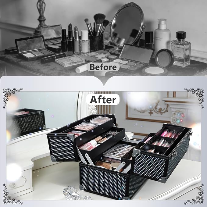 Stagiant 12.6 Inch Large Makeup Train Case, Professional 4 Trays Cosmetic Cases Makeup Storage Organizer Box Beauty Make Up Box with Lock&Adjustable Compartments for Nail, Accessories, Skincare, Black - Image 4
