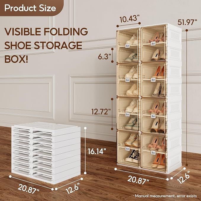 ANTBOX Shoe Organizer Storage Box, Portable Folding Shoe Rack For Closet With Magnetic Clear Door,Large Sneaker Cabinet Bins Sturdy Easy Assembly 8 Layers-16 Grids - Image 5