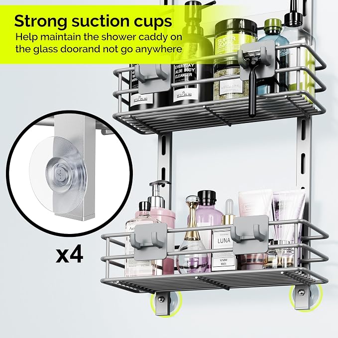 Orimade Over The Door Shower Caddy Adjustable 3 Tier Silver,Bathroom Hanging Organizer Shelf Rustproof with 4 Hooks,Shower Basket with Soap Holder and Suction Cup - Image 3