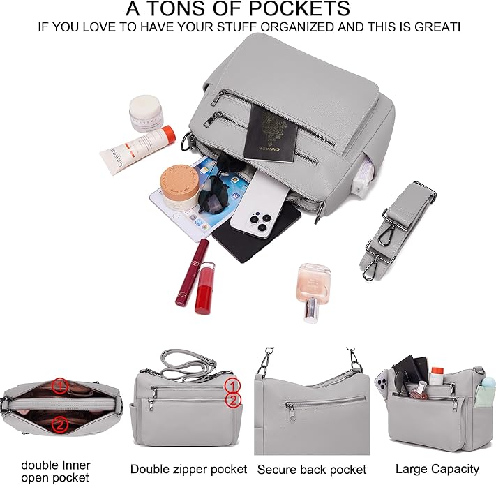 YZAOLL Large Crossbody Shoulder Bag for Women Vegan Leather Tote with Adjustable Wide Strap Work Purse with 10 Pockets