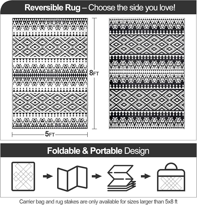 Waterproof Outdoor Rug 5x8ft, Bohemia Reversible Plastic Straw Mat for Patio RV Deck Porch Backyard Balcony Camping Picnic Beach Indoor Outdoor Carpet, Black&White - Image 2