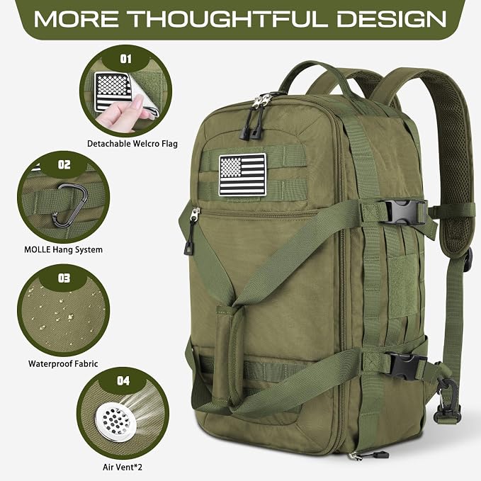 Gym Bags for Men Women, Military Duffle Bag Backpack with Shoe Compartment, 3 in 1 Carry on Bag Travel Backpack with Wet Pocket, Weekender Overnight Range Bag for Workout Football Gym, Green - Image 3