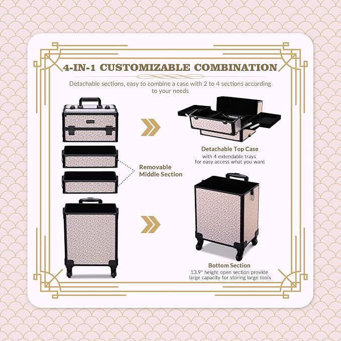 BYOOTIQUE 4in1 Cosmetology Case on Wheels w/Cosmetic Storage Makeup Artist | Aluminum Rolling Makeup Suitcase 360° Detachable Wheel Lockable Makeup Case Organizer w/ Mirror Nail Tech AD Tyrian - Image 2