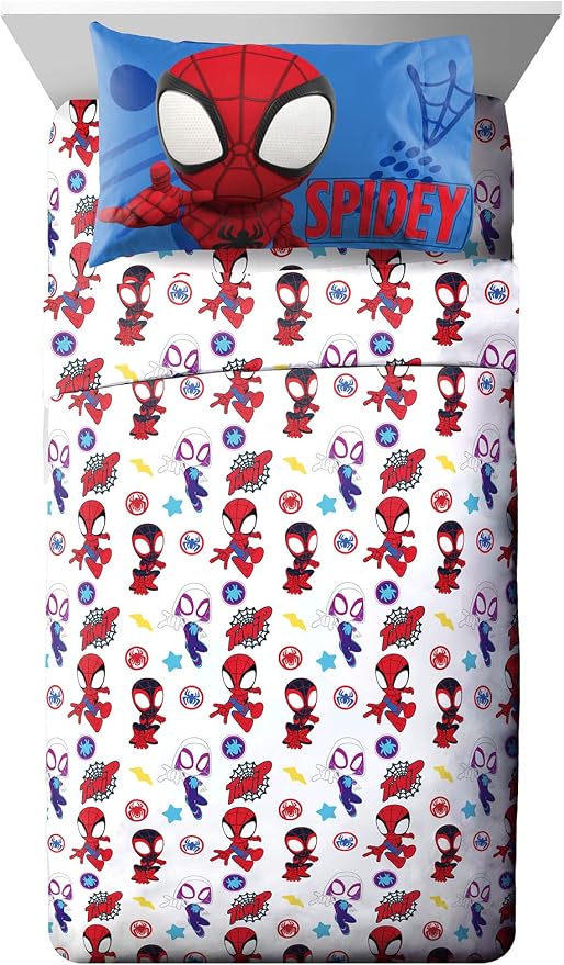 Jay Franco Kids Sheet Set with Fitted, Flat Sheets & Pillow Cover - Ultra-Soft Bedding with Pillowcase for Room Decor, White - Spidey & Friends, 3 Piece Toddler by JayFranco