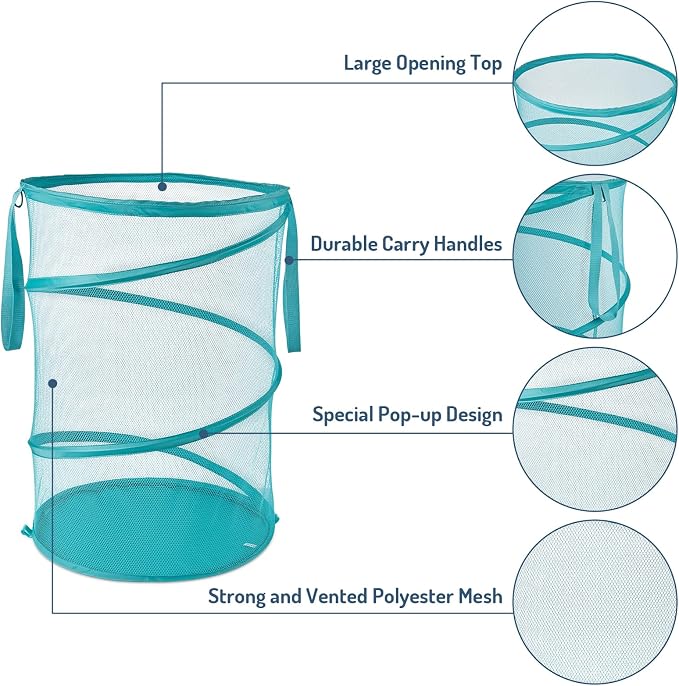 Seiritex Mesh Popup Laundry Hamper 115L Collapsible Laundry Basket No Lid Extra Large Capacity Foldable Clothing Storage Basket with Handles 26 H x 18 W x 18 L (Turquoise Blue) - Image 4