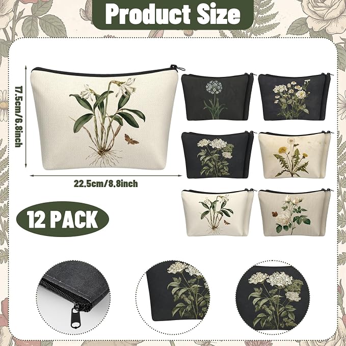 Sweetude 12 Pcs Vintage Flowers Makeup Bag Bulk Rustic Country Gifts Portable Travel Cosmetic Bags with Zipper Retro Floral Waterproof Roomy Travel Toiletry Organizer Storage Beauty Pouch for Women - Image 3