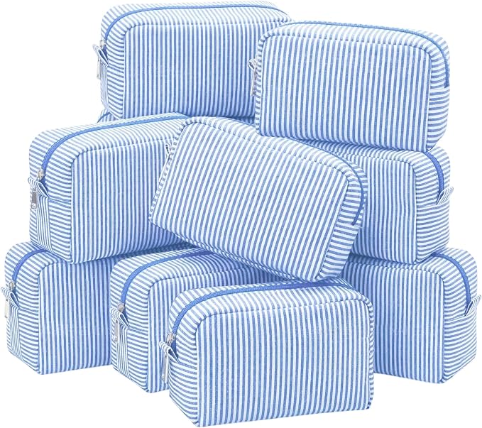 12 PACK Makeup Bags-Bulk Graduaiton Gifts Seersucker Cosmetic Bag for Women Bridesmaid Gifts Makeup Pouch for Wedding Party Favors Bachelorette Party Decorations Travel Toiletry Organizer(12, Blue) by Home