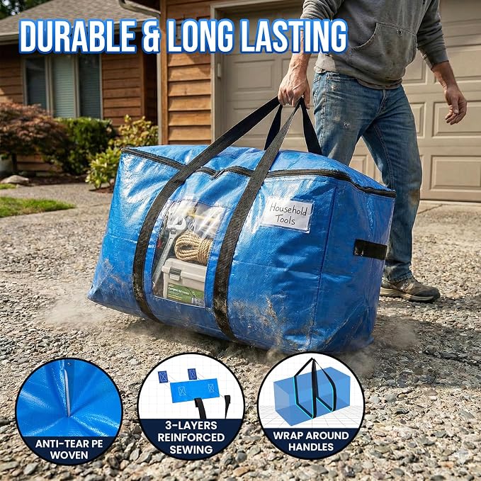 TAILI Extra Large Moving Bags, 4 Pack Blue Heavy Duty Totes For Storage with Visible Window, Wrap Around Handles, Storage Bags for Space Saving, Alternative to Moving Boxes - Image 3