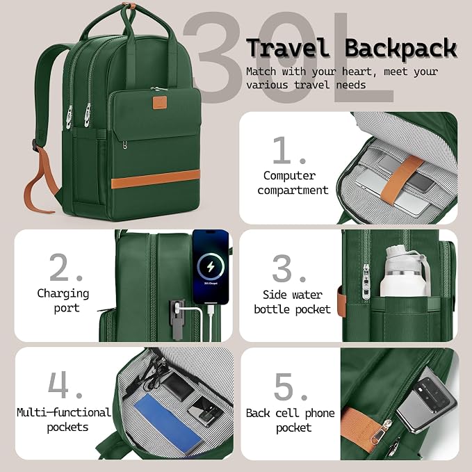 Melalenia Suitcase Sets 6 Piece Hard Shell Carry on Luggage with Spinner Wheels and TSA Lock, Lightweight Travel Backpack for Women, Green Brown - Image 4