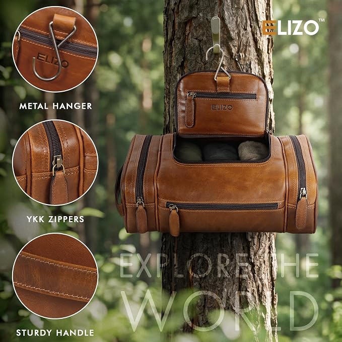 ELIZO Real Leather Toiletry Bag for Men - Extra Large Hanging Travel Organizer for Toiletries, Ideal for Dopp Kit & Shaving Kit for Men, Essential Mens Travel Toiletry Bag for Toiletries (Cognac) - Image 3