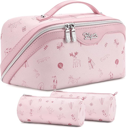 BOYATU Travel Makeup Bag Cosmetic Bags for Women: 3 Pcs Set Portable Make up Bag with Handle - PU Leather Toiletry Bags with Compartments - Makeup Organizer for Travel Essentials(L-5-Pink) by BOYATU