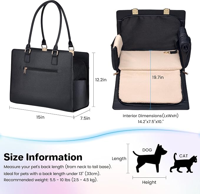 Dog Purse Carrier for Small Dogs, Stylish Foldable Pet Carrier Purse Tote Bag with Washable Cushion & Safety Leash, Airline Approved Puppy Travel Bag with Pockets (Black) - Image 2