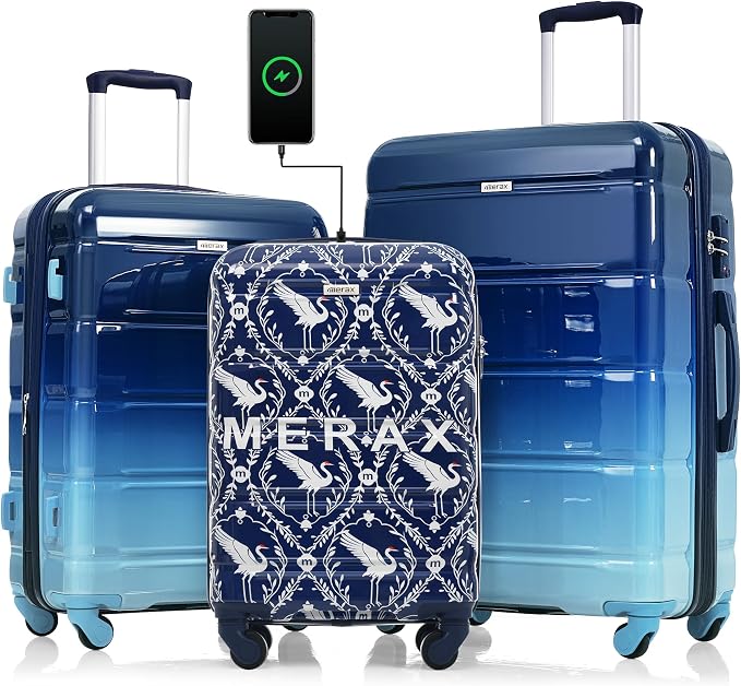 Hardside Luggage Sets, Lightweight Stripes Suitcase with Spinner Wheels, Indigo Swan by Merax