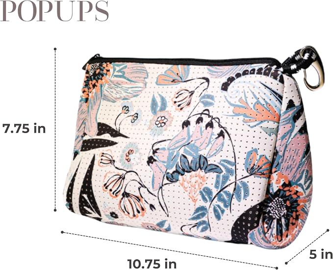 POPUPS Brand Large Makeup Bag with Zipper - Neoprene Machine Washable Travel Toiletry Cosmetic Organizer Pouch for Women (Print Blossom White) - Image 3