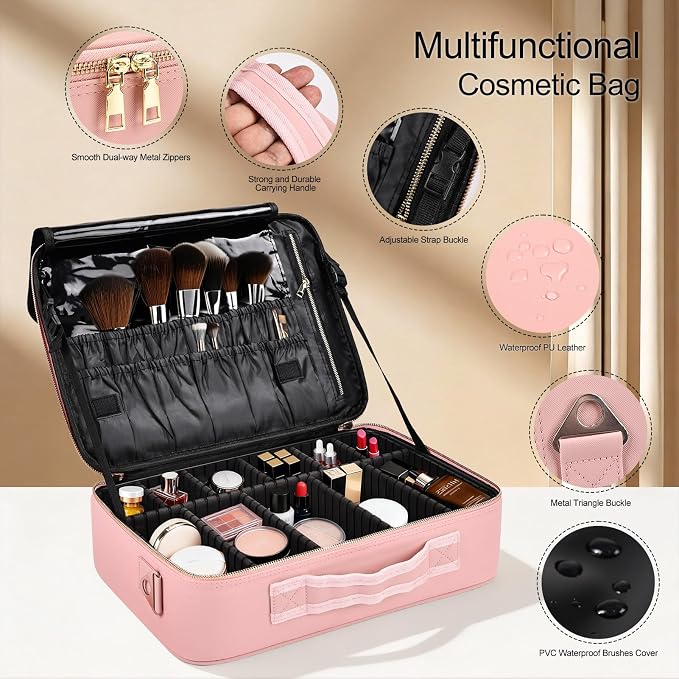 Large Travel Makeup Case, Professional Makeup Train Case Organizer for Women, Cosmetic Brush Bag Holder Waterproof Makeup Artist Storage Box with Adjustable Dividers and Shoulder Strap, Leather Pink - Image 3