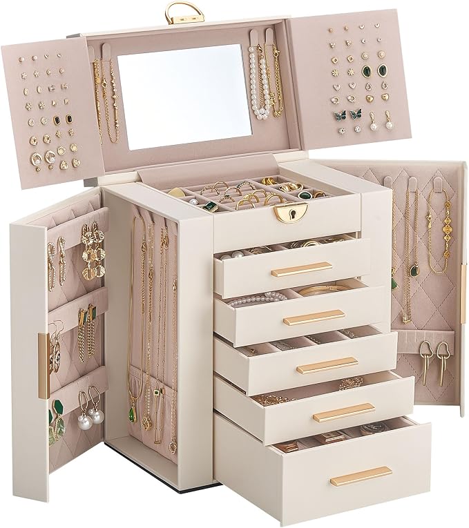 Lolalet Large Jewelry Box Organizer for Women, 6-Layer Jewelry Organizers and Storage Case with Mirror & 5 Drawers, Lockable Watch Ring Earring Bracelet Necklace Holder Girls Gift -6Layer, Beige by Lolalet