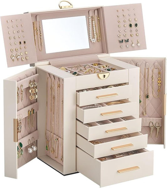 Lolalet Large Jewelry Box Organizer for Women, 6-Layer Jewelry Organizers and Storage Case with Mirror & 5 Drawers, Lockable Watch Ring Earring Bracelet Necklace Holder Girls Gift -6Layer, Beige by Lolalet